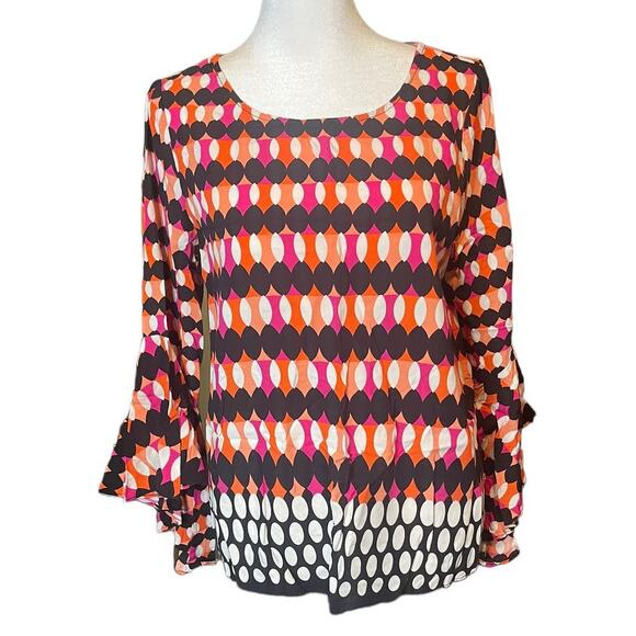 Kaari Blue Geometric Print Blouse with Triangle Cut Out Back Size Medium - Picture 1 of 5